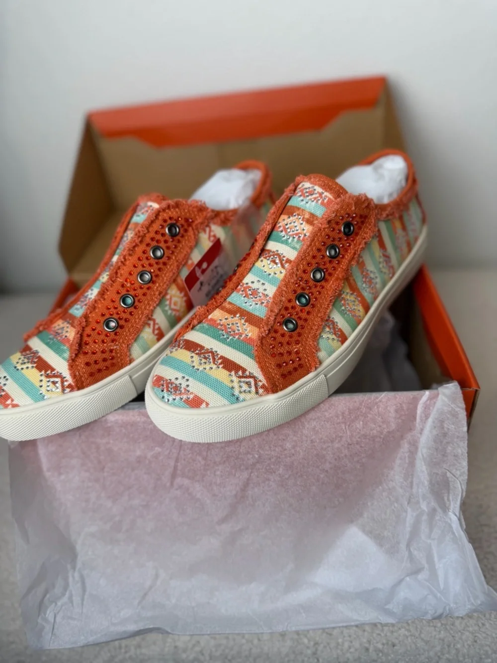 Montana West Orange & Multicolor Aztec Slip-On Sneakers-NIB - Picture 5 of 10